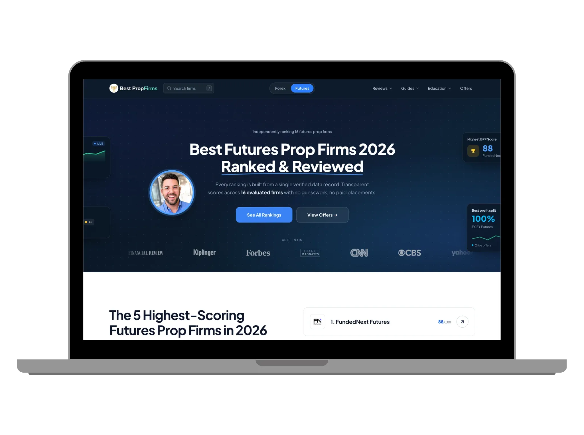 The BestPropFirms ranking open on a laptop, showing the scored futures prop firms comparison table