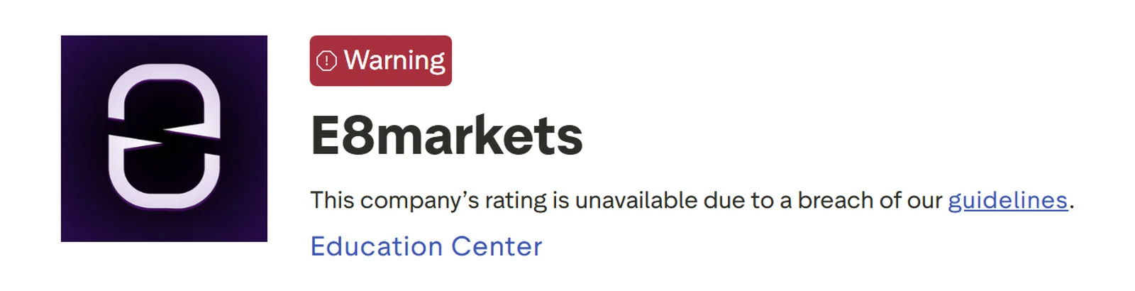 Screenshot of the E8 Markets Trustpilot profile