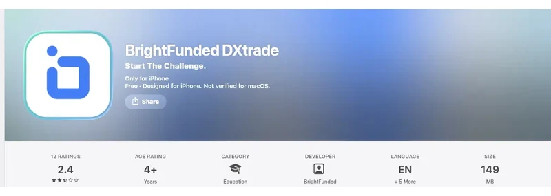 Screenshot of the BrightFunded DXtrade App Store listing